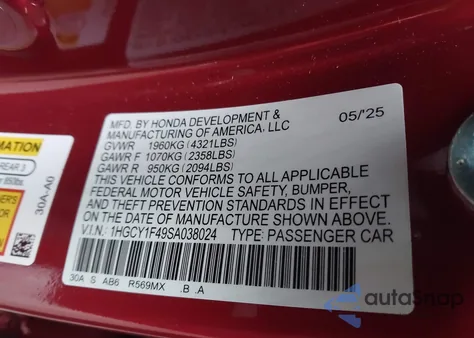 2025 Honda Accord Se from USA, damaged, VIN 1HGCY1F49SA038024